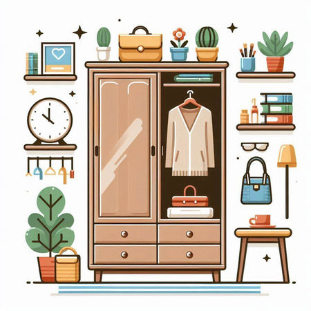 Vector illustration of a wardrobe with clothes, accessories and accessories. Furniture in flat style.のイラスト素材