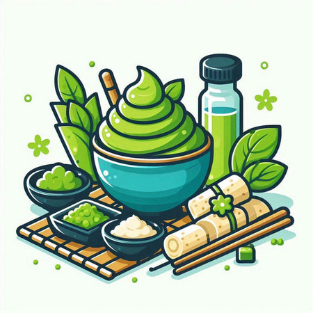 Vector illustration of a spa set with a bowl of green tea, a bowl of guacamole, a bowl of guacamole, a bowl with guacamole and a bowl of guacamole on a bamboo mat.のイラスト素材