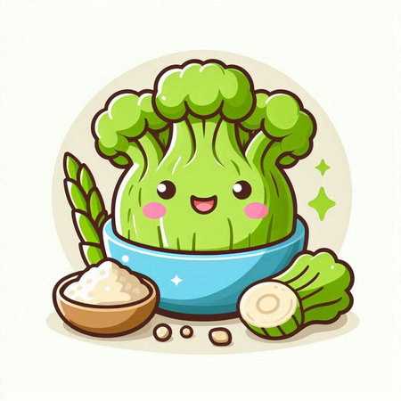Vector illustration of cute kawaii broccoli in bowl with ingredients.のイラスト素材