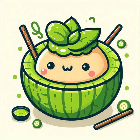 Cute cartoon watermelon with mint and chopsticks. Vector illustration.のイラスト素材