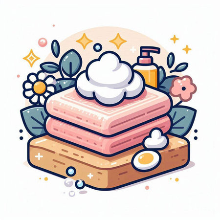 Vector hand drawn illustration of soap, shampoo, shower gel, shampoo and soap bar.のイラスト素材