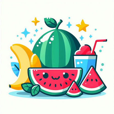 Fruit and berry vector illustration. Watermelon, banana, smoothie, milkshakeのイラスト素材