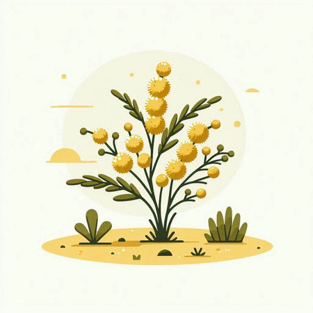 Mimosa flowers in the desert. Vector illustration in flat styleのイラスト素材