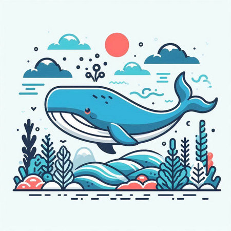 Vector illustration of a whale in the ocean. Flat line art style design.のイラスト素材