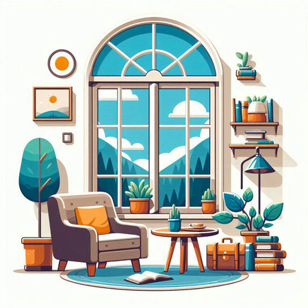 Interior of the room with a window, a chair, a coffee table, a bookshelf and a potted plantのイラスト素材