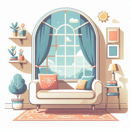 Living room interior with window, sofa and plants, vector cartoon illustrationのイラスト素材