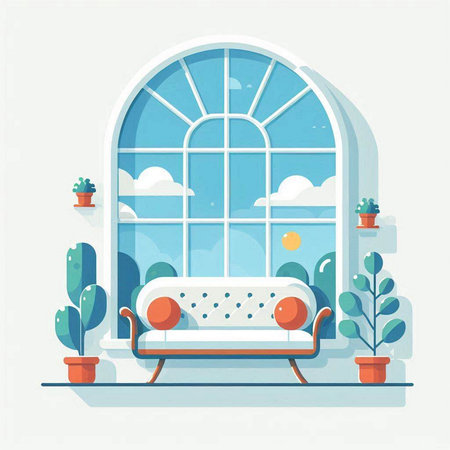 Flat design vector illustration concept of living room interior with sofa, window, plants and clouds.のイラスト素材
