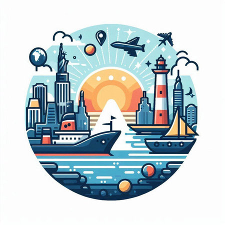 Vector illustration of a modern city with ships, lighthouse and buildings on a white backgroundのイラスト素材