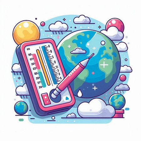 Weather forecast. Thermometer, globe, planet and clouds. Vector illustration.のイラスト素材