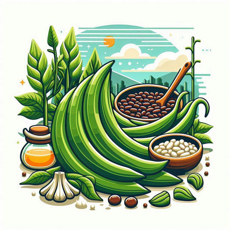 Vector illustration of green bananas and coffee beans in bowl with spoon and cup of coffee.のイラスト素材