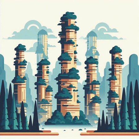 Cityscape. Vector illustration in flat style. Landscape with high buildings.のイラスト素材