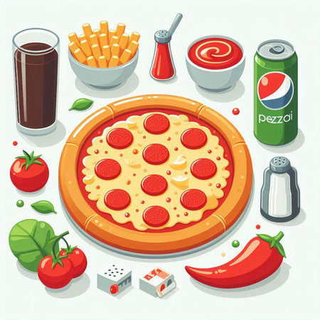 Pizza with pepperoni and tomato. Vector illustration in flat styleのイラスト素材