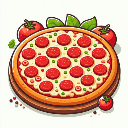 Pizza with pepperoni and tomato on white background. Vector illustration.のイラスト素材
