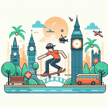 Skateboarder in London. Flat design style vector illustration.のイラスト素材