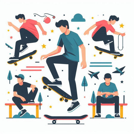 Skateboarders and skateboarders. Vector illustration in flat styleのイラスト素材