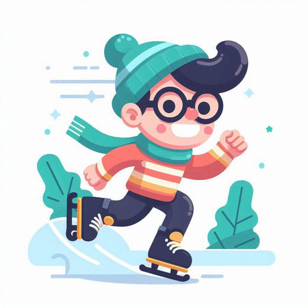 Cute Cartoon Little Boy Skating on Ice. Vector Illustrationのイラスト素材