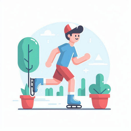 Man riding roller skates in the park. Flat vector illustration.のイラスト素材