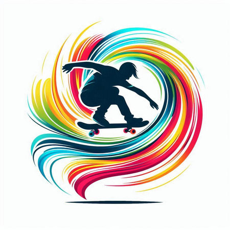 Skateboarder silhouette with colorful background, vector graphic illustration.のイラスト素材