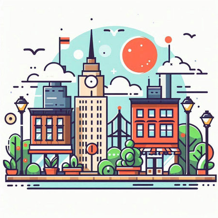 City landscape with buildings and street lamps. Vector illustration in flat styleのイラスト素材