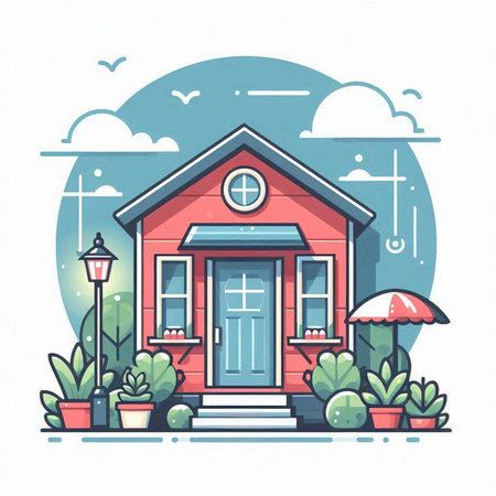 Vector illustration of a small house on the street. Colorful flat style.のイラスト素材