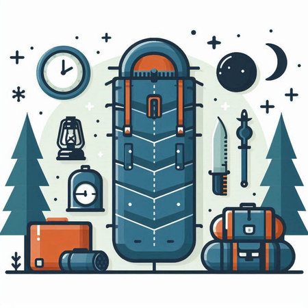 Camping flat vector illustration. Camping equipment and equipment. Adventure and tourism concept.のイラスト素材
