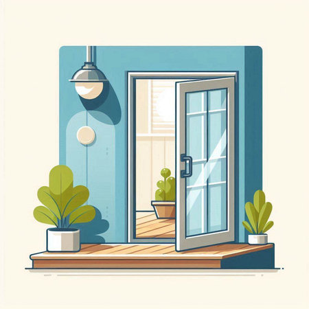 Vector illustration of a window in a room with plants and plants.のイラスト素材