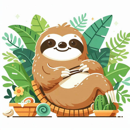 Cute cartoon sloth sitting in bamboo basket. Vector illustration.のイラスト素材