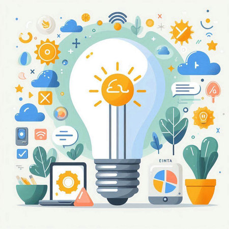 Flat design vector illustration concept for web and mobile applications. Lightbulb, gear, smartphone, cloud computing and social media icons.のイラスト素材