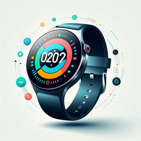 Smartwatch with colorful application icons on white background. Vector illustration.のイラスト素材