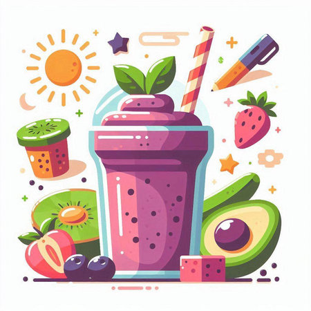 Healthy smoothie with fruits and berries. Colorful flat vector illustration.のイラスト素材
