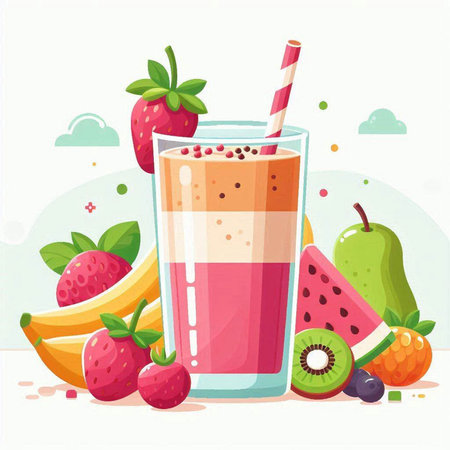 Fruit smoothie with fresh fruits and berries. Vector illustration.のイラスト素材