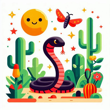Cute snake in desert with cactuses. Vector illustration.のイラスト素材