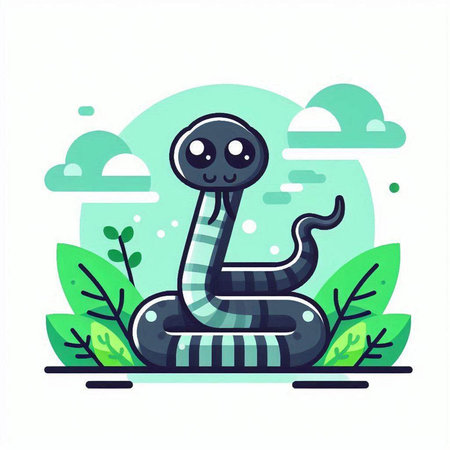 Cute cartoon snake on green background. Vector illustration in flat style.のイラスト素材