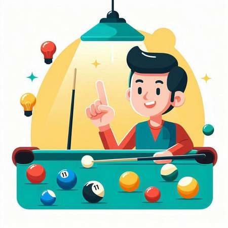 Young man playing billiards. Vector illustration in cartoon style.のイラスト素材
