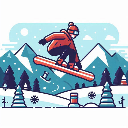 Snowboarder jumping in the mountains. Flat style vector illustration.のイラスト素材