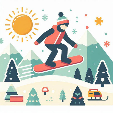 Winter sports vector illustration with snowboarder in flat design style.のイラスト素材