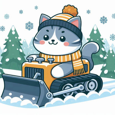 Illustration of a Cute Alaskan Husky in a Winter Hat and Scarf Riding a Snow Plowのイラスト素材