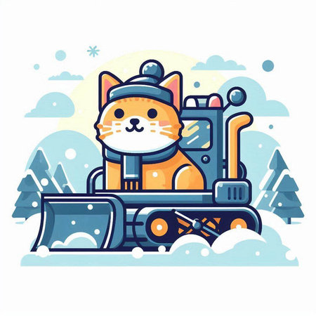 Cute cat riding a steam locomotive in the snow. Vector illustration.のイラスト素材