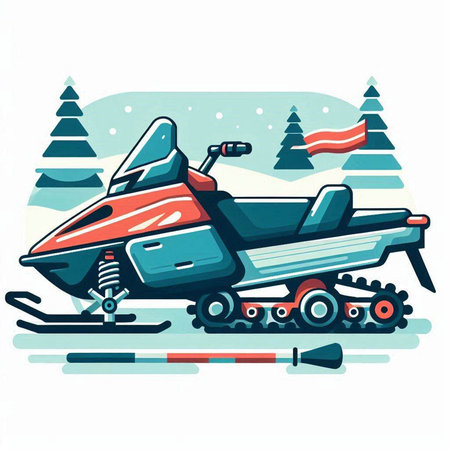 Snowmobile in the winter forest. Vector illustration in flat style.のイラスト素材