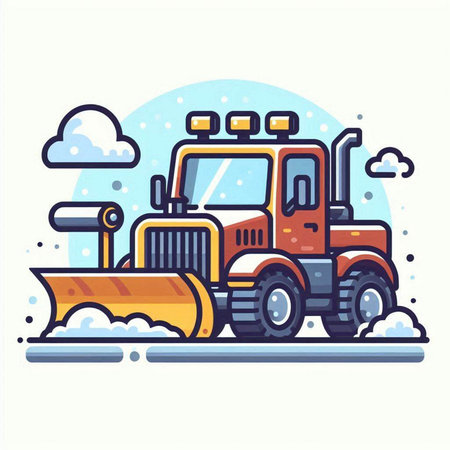 Tractor with snow plow. Vector illustration in flat style.のイラスト素材