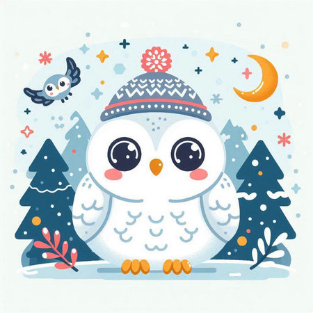 Cute cartoon owl in winter forest. Hand drawn vector illustration.のイラスト素材