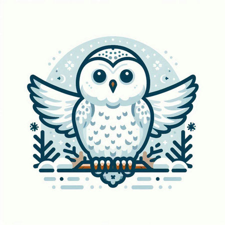 Cute owl with wings in a winter forest. Vector illustration.のイラスト素材