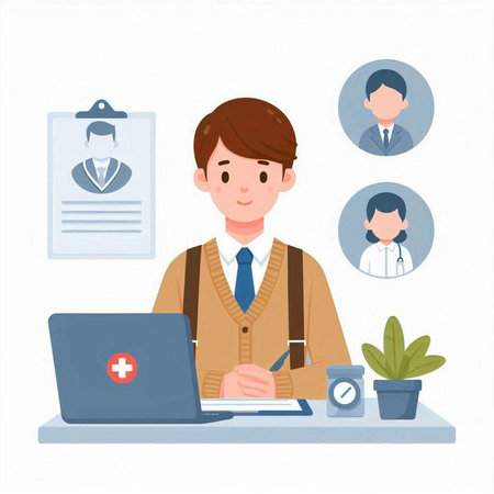 Young man working at home. Remote work concept. Vector illustration.のイラスト素材
