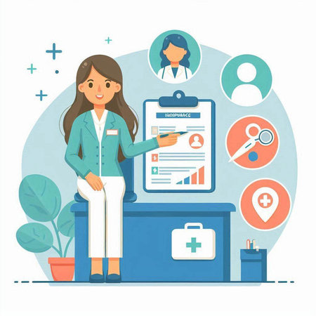 Female doctor with clipboard and medical icons. Vector illustration in flat styleのイラスト素材