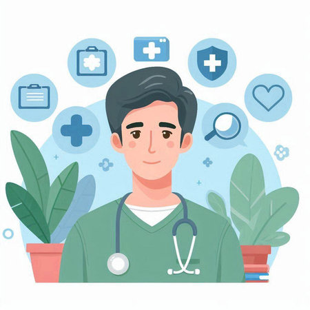 Male doctor with stethoscope and medical icons. Vector illustration in flat styleのイラスト素材