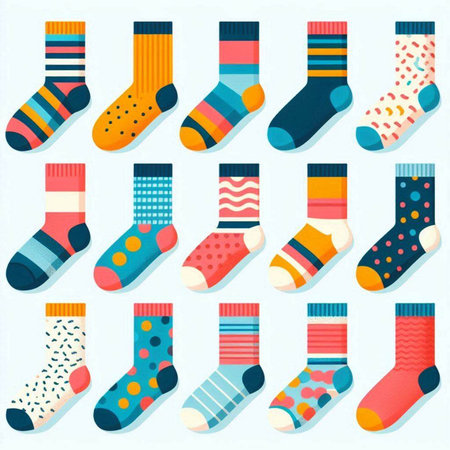Vector set of colorful socks. Collection of socks with different patterns.のイラスト素材