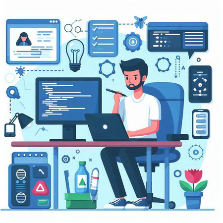 Programmer working on computer. Programmer creating program, coding, programming, coding and programming. Vector illustration in flat styleのイラスト素材
