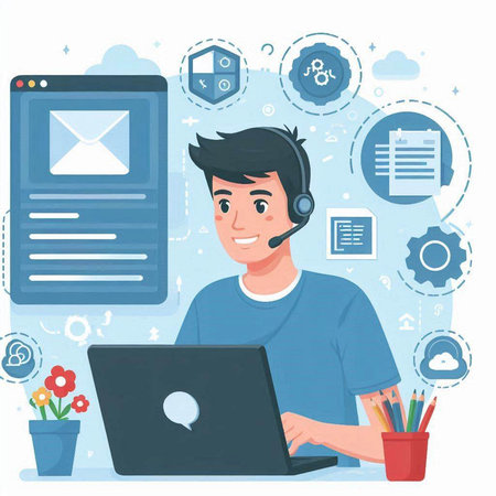 Vector illustration of young man using laptop. Flat design style modern vector illustration.のイラスト素材