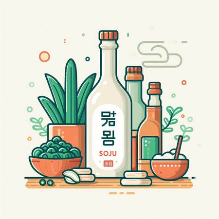 Olive oil and soy sauce in a glass bottle. Vector illustration.のイラスト素材