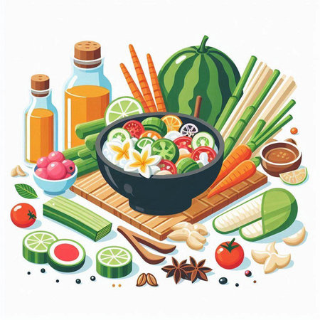 Illustration of healthy food in a bowl with vegetables and spices.のイラスト素材